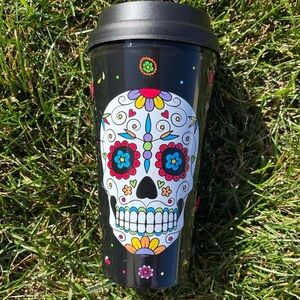 Black Sugar Skull Travel Tumbler - Colorful Floral Day of the Dead Design